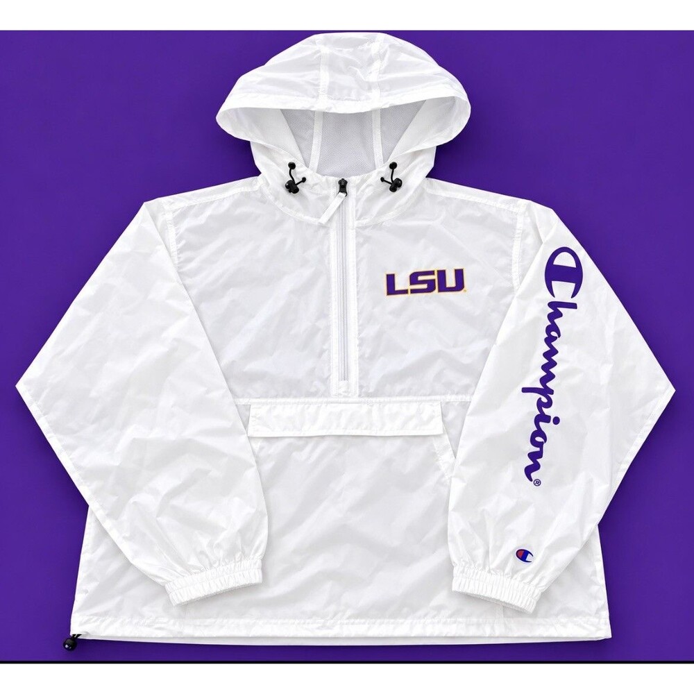 Champion LSU Tigers Windbreaker Jacket White Purple Hooded Pullover Men’s 2XL